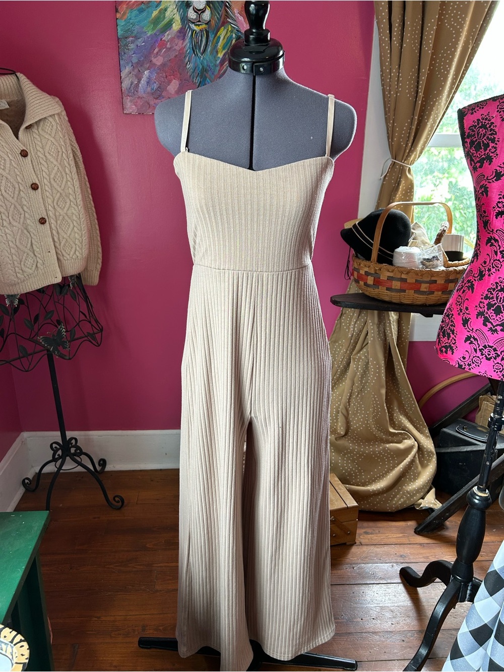 Women's Cream Ribbed Wide-Leg Jumpsuit with Spaghetti Straps